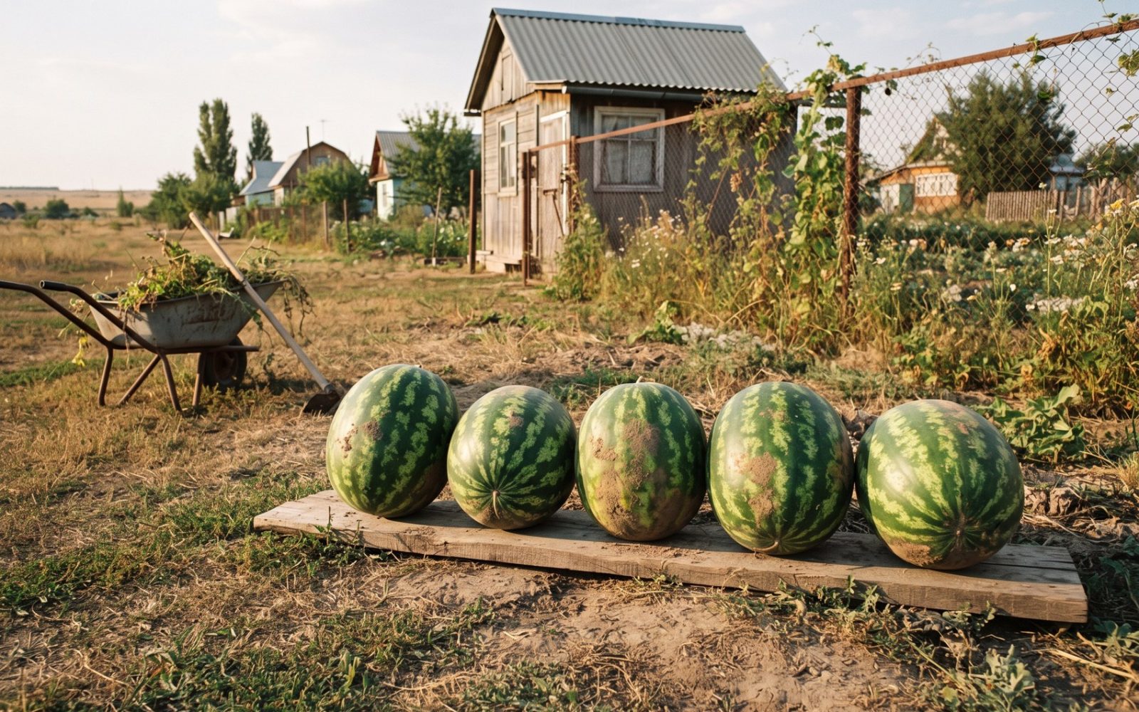 Сорванные арбузы у сарая
